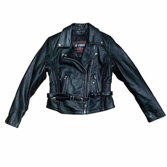 FIRST Classic Leather Jacket Mens Small Black Full Zip Motorcycle Riding Road - Picture 1 of 13